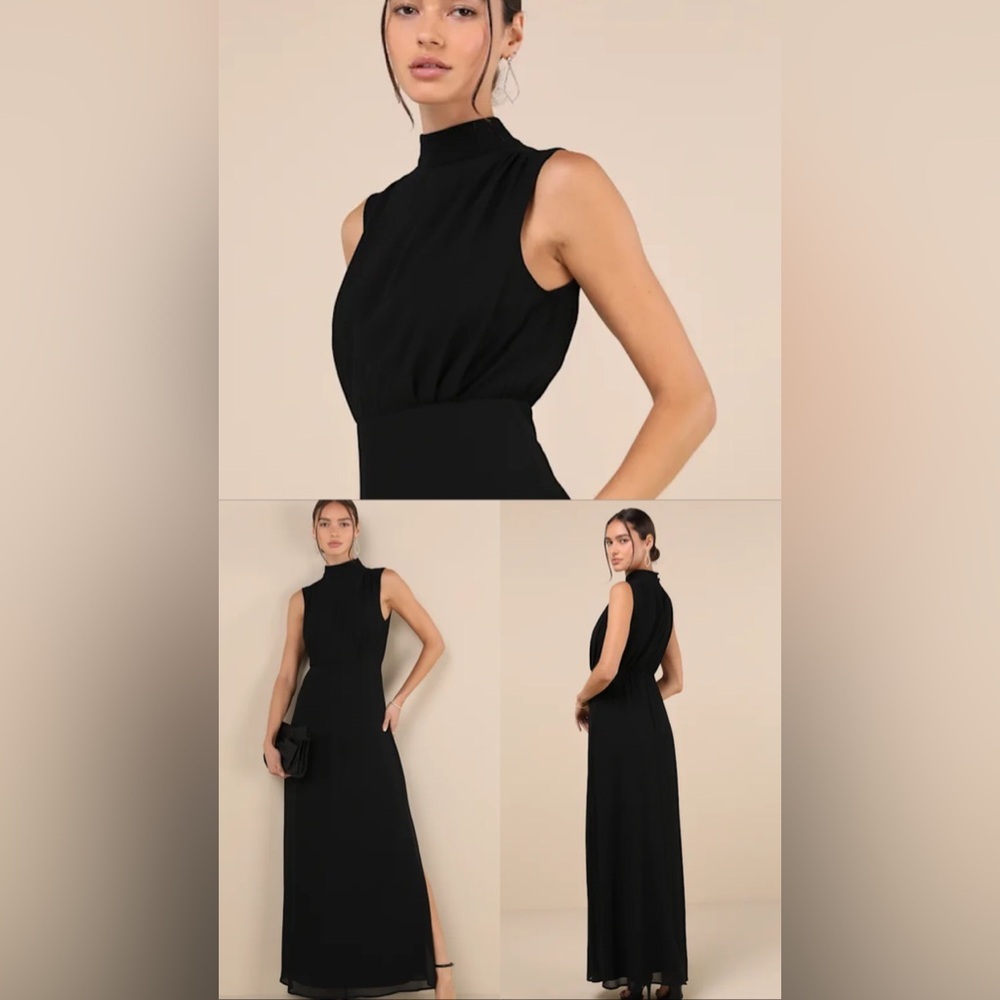 BNWT Lulus Classic Elegance Black Chiffon Sleeveless Mock Neck Maxi Dress